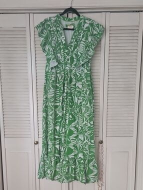 Anthropologie Green and White Floral Ruffled Maxi Dress